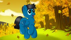 Size: 3840x2160 | Tagged: safe, artist:agkandphotomaker2000, oc, oc only, oc:pony video maker, species:pegasus, species:pony, autumn, evening, forest, leaves, solo, tree