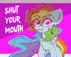 Size: 2500x2000 | Tagged: safe, artist:etoz, character:rainbow dash, species:pegasus, species:pony, angry, chest fluff, crazy face, eyebrows, faec, fangs, female, insanity, mare, open mouth, rage, scary, scary face, shut up, simple background, solo, teeth, text, wings