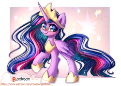 Size: 1000x707 | Tagged: safe, artist:chaosangeldesu, character:twilight sparkle, character:twilight sparkle (alicorn), species:alicorn, species:pony, episode:the last problem, g4, my little pony: friendship is magic, big crown thingy 2.0, blushing, crown, cute, end of ponies, female, jewelry, looking at you, mare, older, older twilight, one hoof raised, patreon, patreon logo, princess twilight 2.0, raised hoof, regalia, smiling, solo, twiabetes