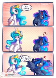 Size: 1000x1372 | Tagged: safe, artist:chaosangeldesu, character:princess celestia, character:princess luna, species:alicorn, species:pony, angry, cake, cakelestia, cross-popping veins, cute, cutelestia, dialogue, drool, exclamation point, food, lunabetes, patreon, patreon logo, royal sisters, speech bubble, spread wings, starry eyes, tongue out, wingding eyes, wings