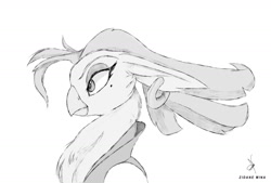 Size: 1593x1080 | Tagged: safe, artist:zidanemina, character:captain celaeno, my little pony: the movie (2017), beauty mark, bust, ear piercing, earring, female, jewelry, monochrome, parrot pirates, piercing, pirate, portrait, profile, signature, sketch, solo
