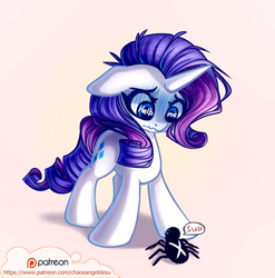 Size: 1000x1011 | Tagged: safe, artist:chaosangeldesu, character:rarity, species:pony, species:unicorn, arachnophobia, cute, dialogue, female, floppy ears, mare, patreon, patreon logo, pink background, raribetes, simple background, solo, speech bubble, spider, wingding eyes