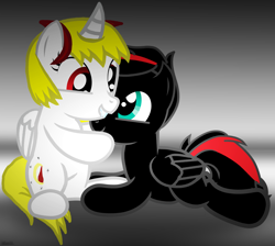 Size: 3600x3229 | Tagged: safe, artist:agkandphotomaker2000, oc, oc:arnold the pony, oc:lucia nightblood, species:pegasus, species:pony, arncia, couple, fangs, holding head, oc x oc, red and black mane, red and black oc, shipping, vampire, vampony