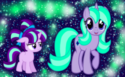 Size: 1300x800 | Tagged: safe, artist:katya, character:starlight glimmer, species:pony, daughter, female, filly, lights, like mother like daughter, mother, mother and daughter, night