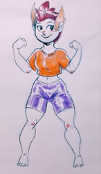 Size: 1197x2048 | Tagged: safe, artist:raph13th, character:smolder, species:human, belly button, clothing, female, humanized, marker drawing, midriff, shirt, short shirt, shorts, simple background, smiling, traditional art, white background