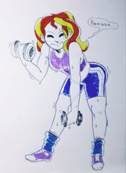 Size: 1495x2048 | Tagged: safe, artist:raph13th, character:sunset shimmer, species:human, clothing, converse, dumbbell (object), gym uniform, humanized, marker drawing, midriff, shoes, socks, sports bra, traditional art, workout