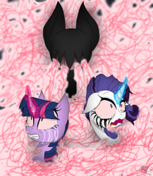 Size: 1200x1385 | Tagged: safe, artist:didun850, character:rarity, character:twilight sparkle, character:twilight sparkle (unicorn), oc, oc:fluff splat, species:pony, species:unicorn, bust, crying, eye clipping through hair, female, glowing horn, horn, makeup, mannequin, mare, mind break, running makeup, story included