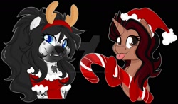 Size: 1600x942 | Tagged: safe, artist:missmele-madness, oc, oc:bramble angel mele, oc:river, species:pony, black background, candy, candy cane, christmas, clothing, deviantart watermark, female, food, furry, hat, holiday, mare, obtrusive watermark, santa hat, simple background, watermark