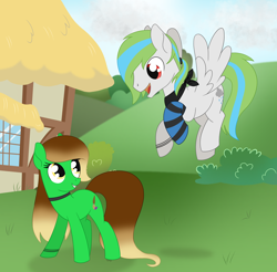 Size: 2792x2746 | Tagged: safe, artist:dyonys, oc, oc:lucky brush, oc:rainfall, species:earth pony, species:pegasus, species:pony, choker, clothing, female, flying, house, looking at each other, male, mare, scarf, show accurate, smiling, sock, socks, stallion, standing, striped socks