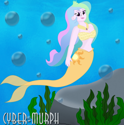 Size: 2504x2520 | Tagged: safe, artist:cyber-murph, character:princess celestia, character:principal celestia, my little pony:equestria girls, bandeau, beautiful, belly, belly button, flowing hair, jewelry, mermaid, mermaidized, midriff, necklace, rock, scales, sealestia, seaweed, signature, species swap, underwater