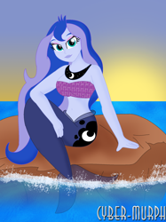 Size: 1508x2016 | Tagged: safe, artist:cyber-murph, character:princess luna, character:vice principal luna, my little pony:equestria girls, bandeau, beach, belly, belly button, jewelry, long hair, looking at you, mermaid, mermaid tail, mermaidized, midriff, necklace, ocean, rock, sitting, species swap, sunset, vice principal luna