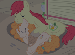 Size: 4200x3080 | Tagged: safe, artist:mrkat7214, character:bright mac, character:pear butter, species:earth pony, species:pony, ship:brightbutter, and that's how applejack was made, clothing, cowboy hat, cuddling, cute, featureless crotch, female, hat, hay bale, high res, husband and wife, lamp, male, mare, married couple, shipping, show accurate, sleeping, stallion, straight, vector
