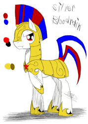 Size: 985x1385 | Tagged: safe, artist:didun850, oc, oc only, oc:silver bloodrain, species:earth pony, species:pony, armor, earth pony oc, helmet, hoof shoes, male, raised hoof, reference sheet, royal guard, solo, stallion