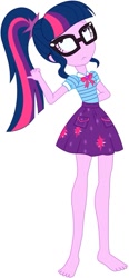 Size: 403x865 | Tagged: safe, artist:marcorois, edit, editor:thomasfan45, character:twilight sparkle, character:twilight sparkle (scitwi), species:eqg human, species:human, g4, my little pony: equestria girls, my little pony:equestria girls, barefoot, clothing, cute, cutie mark on clothes, edited vector, feet, female, geode of telekinesis, glasses, magical geodes, miniskirt, pointing behind, ponytail, simple background, skirt, solo, vector, white background