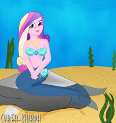 Size: 1980x2100 | Tagged: safe, artist:cyber-murph, character:dean cadance, character:princess cadance, my little pony:equestria girls, belly, belly button, bikini, breasts, cleavage, clothing, jewelry, mermaid, mermaidized, midriff, necklace, rock, seaweed, shellbra, species swap, swimsuit, underwater
