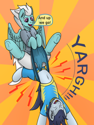Size: 3024x4032 | Tagged: safe, artist:tacomytaco, character:fleetfoot, character:soarin', species:pegasus, species:pony, comic:wedgiebolts academy, belly button, blue underwear, briefs, clothing, comic, comic page, eyes closed, female, flying, frontal wedgie, male, midriff, pain, shirt, shorts, spread wings, suggestive series, sunburst background, text, underwear, upside down, wedgie, wings