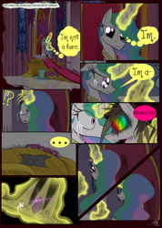 Size: 985x1385 | Tagged: safe, artist:didun850, character:princess celestia, oc, oc:chase, species:alicorn, species:earth pony, species:pony, comic:ask chase the pony, ..., ask, comic, crying, dialogue, female, glowing horn, hair over one eye, horn, jewelry, magic, male, mare, possessed, sitting, stallion, telekinesis, throne, tiara, tumblr, wide eyes