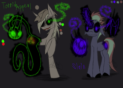 Size: 1385x985 | Tagged: safe, artist:didun850, character:applejack, oc, oc:valkyr, species:earth pony, species:pony, species:unicorn, amputee, clothing, colored hooves, dark background, female, glowing eyes, glowing horn, grin, hat, horn, mare, possessed, raised hoof, reference sheet, shadow pony, smiling, sombra eyes