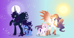 Size: 3945x2012 | Tagged: safe, artist:velveagicsentryyt, character:princess celestia, character:princess luna, oc, oc:king cosmos, oc:queen galaxia, species:alicorn, species:pony, 's parents, alicorn oc, celestia and luna's father, celestia and luna's mother, cewestia, family, father and daughter, female, filly, male, mare, moon, mother and daughter, pink-mane celestia, previous generation, s1 luna, stallion, sun, woona, young luna, younger