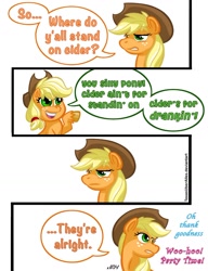 Size: 1000x1301 | Tagged: safe, artist:texasuberalles, character:applejack, species:earth pony, species:pony, my little pony:pony life, 4 panel comic, 4koma, chibi, clothing, colored hooves, comic, cowboy hat, dialogue, female, generational ponidox, hat, implied pinkie pie, implied rarity, mare, ponidox, simple background, skeptical, speech bubble, that pony sure does love cider, unshorn fetlocks, white background