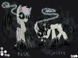 Size: 1600x1200 | Tagged: safe, artist:didun850, oc, oc only, oc:gelato, oc:rusk, species:earth pony, species:pony, black sclera, chest fluff, claws, dark background, duo, earth pony oc, glowing horn, horn, possessed, reference sheet, slit eyes, sombra eyes, tentacle tail, tentacle tongue, tentacles