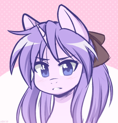 Size: 588x610 | Tagged: safe, artist:higgly-chan, species:pony, species:unicorn, bow, hair bow, hiiragi kagami, lucky star, ponified, solo