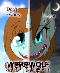 Size: 985x1200 | Tagged: safe, artist:didun850, oc, oc only, oc:hope, species:pony, species:unicorn, bust, crescent moon, eye clipping through hair, female, horn, mare, moon, sharp teeth, smiling, solo, split screen, teeth, text, two sided posters, unicorn oc, werewolf