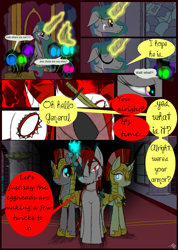 Size: 985x1385 | Tagged: safe, artist:didun850, character:king sombra, character:princess celestia, oc, oc:mad dog, species:alicorn, species:pony, species:unicorn, comic:ask chase the pony, armor, ask, comic, eye scar, eyepatch, female, glowing eyes, helmet, hoof shoes, jewelry, mare, royal guard, scar, shadow pony, sitting, sword, throne, tiara, tumblr, weapon