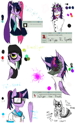 Size: 985x1600 | Tagged: safe, artist:didun850, character:twilight sparkle, character:twilight sparkle (alicorn), character:twilight sparkle (unicorn), species:alicorn, species:anthro, species:pony, species:unicorn, fallout equestria, episode:mad twience, eqg summertime shorts, g4, my little pony: equestria girls, my little pony:equestria girls, anthro with ponies, beanie, black sclera, chibi, clothing, cosplay, costume, crossover, emo, eye clipping through hair, eyeliner, female, ghoul, glowing horn, goggles, hair over one eye, hat, hatsune miku, horn, lab coat, magic, makeup, mare, one eye closed, school uniform, signature, simple background, smiling, telekinesis, tongue out, transparent background, undead, white eyes, wink