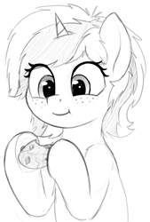 Size: 904x1338 | Tagged: safe, artist:zippysqrl, oc, oc only, oc:sign, species:pony, species:unicorn, bust, cookie, cute, eating, female, food, freckles, grayscale, happy, hoof hold, monochrome, solo, underhoof