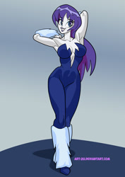 Size: 827x1169 | Tagged: safe, artist:art-2u, character:rarity, my little pony:equestria girls, alternate hairstyle, arm behind head, armpits, breasts, busty rarity, cleavage, clothing, cosplay, costume, dc comics, killer frost, looking at you, unitard