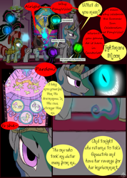 Size: 985x1385 | Tagged: safe, artist:didun850, character:discord, character:princess celestia, oc, oc:chase, oc:mad dog, species:alicorn, species:draconequus, species:pony, species:unicorn, comic:ask chase the pony, armor, ask, comic, dialogue, female, glowing eyes, glowing horn, grin, helmet, horn, magic, male, mare, marionette, peytral, royal guard, shadow pony, smiling, stained glass, stallion, telekinesis, tumblr
