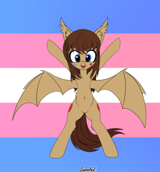 Size: 1280x1372 | Tagged: safe, artist:lunebat, oc, oc only, oc:lunette, species:bat pony, species:pony, bat pony oc, bat wings, bipedal, pride, pride flag, solo, transgender, transgender pride flag, wings