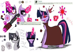 Size: 1385x985 | Tagged: safe, artist:didun850, character:king sombra, character:twilight sparkle, character:twilight sparkle (unicorn), species:pony, species:unicorn, assassin, bald, bust, chainsaw, cloak, clothing, corrupted twilight sparkle, crown, discorded, eyeliner, eyepatch, female, glowing horn, gun, hood, horn, jewelry, magic, makeup, male, mare, red eyes, regalia, simple background, slit eyes, sombra eyes, stallion, telekinesis, transparent background, weapon