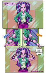 Size: 544x866 | Tagged: safe, artist:art-2u, character:aria blaze, my little pony:equestria girls, aria brute, aria buff, armpits, biceps, clothing, clothing damage, comic, female, flexing, mirror, muscles, muscular female, pigtails, ripping clothes, sleeveless, smiling, solo, twintails
