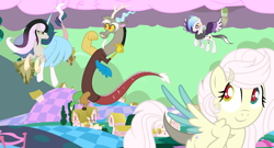 Size: 5520x2980 | Tagged: safe, artist:velveagicsentryyt, base used, character:discord, oc, oc:asterism, oc:destiny, oc:mysterilestia, parent:discord, parent:fluttershy, parent:princess celestia, parents:discoshy, parents:dislestia, chaos, discorded landscape, father and daughter, father and son, female, hybrid, interspecies offspring, male, offspring