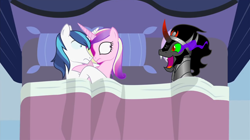 Size: 1362x761 | Tagged: safe, artist:mlp-silver-quill, artist:zutheskunk traces, edit, character:king sombra, character:princess cadance, character:shining armor, species:pony, after the fact, bed, female, horn, horns are touching, implied sex, male, mare, pillow, somepony sleeps next to shining armor and princess cadance, stallion, vector, vector edit, wide eyes