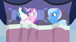 Size: 1362x761 | Tagged: safe, artist:mlp-silver-quill, character:princess cadance, character:shining armor, character:trixie, species:pony, after the fact, bed, female, grin, horn, horns are touching, implied sex, inconvenient trixie, male, mare, pillow, smiling, somepony sleeps next to shining armor and princess cadance, stallion, wide eyes