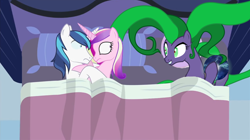 Size: 1362x761 | Tagged: safe, artist:mlp-silver-quill, artist:stainless33, edit, character:mane-iac, character:princess cadance, character:shining armor, species:pony, after the fact, bed, electro orb, female, grin, horn, horns are touching, implied sex, male, mare, pillow, smiling, somepony sleeps next to shining armor and princess cadance, stallion, vector, vector edit, wide eyes