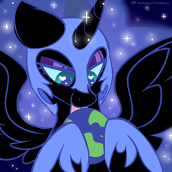 Size: 2000x2000 | Tagged: safe, artist:mulberrytarthorse, character:nightmare moon, character:princess luna, species:alicorn, species:pony, bedroom eyes, earth, female, heart eyes, huge, licking, macro, mare, pony bigger than a planet, space, teamtrees, tongue out, wingding eyes