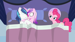 Size: 1362x761 | Tagged: safe, artist:mlp-silver-quill, character:pinkie pie, character:princess cadance, character:shining armor, species:pony, after the fact, bed, bedroom eyes, female, horn, horns are touching, implied sex, male, mare, pillow, somepony sleeps next to shining armor and princess cadance, stallion, wide eyes