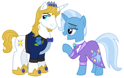 Size: 1351x856 | Tagged: safe, artist:igokapichka, artist:starryoak, edit, character:prince blueblood, character:trixie, species:pony, species:unicorn, ship:bluetrix, episode:the last problem, g4, my little pony: friendship is magic, alternate hairstyle, clothing, crown, facial hair, female, goatee, jewelry, lidded eyes, male, mare, older, older prince blueblood, older trixie, regalia, shipping, simple background, stallion, straight, white background