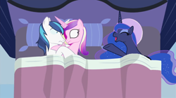 Size: 1362x761 | Tagged: safe, artist:mlp-silver-quill, edit, character:princess cadance, character:princess luna, character:shining armor, species:pony, accessory-less edit, after the fact, bed, female, horn, horns are touching, implied sex, male, mare, missing accessory, pillow, singing, somepony sleeps next to shining armor and princess cadance, stallion, the fun has been doubled, wide eyes