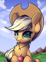 Size: 2200x3000 | Tagged: safe, artist:skitsroom, character:applejack, species:earth pony, species:pony, apple, applejack's hat, clothing, cowboy hat, cute, digital art, female, food, hat, jackabetes, looking at you, mare, smiling, solo, stetson