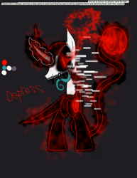 Size: 888x1150 | Tagged: safe, artist:didun850, oc, oc:steel wing, species:pony, species:unicorn, black sclera, corrupted, dark background, glitch art, glowing eyes, glowing horn, horn, male, possessed, shadow pony, sharp teeth, slit eyes, stallion, teeth, tongue out