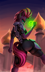 Size: 1900x3000 | Tagged: safe, artist:skitsroom, character:tempest shadow, species:anthro, species:pony, species:unicorn, my little pony: the movie (2017), armor, ass, broken horn, butt, eye scar, female, horn, magic, mare, scar, solo, stupid sexy tempest shadow