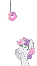 Size: 800x1400 | Tagged: safe, artist:higgly-chan, character:sweetie belle, species:pony, species:unicorn, bait, blushing, cute, diasweetes, donut, eyes on the prize, female, filly, food, hook, no pupils, open mouth, reaching, simple background, solo, white background