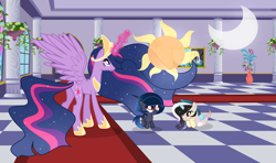 Size: 3879x2293 | Tagged: safe, artist:velveagicsentryyt, base used, character:twilight sparkle, character:twilight sparkle (alicorn), oc, oc:moonlight sonata, oc:mysterilestia, parent:discord, parent:king sombra, parent:princess celestia, parent:princess luna, parents:dislestia, parents:lumbra, species:alicorn, species:pony, episode:the last problem, g4, my little pony: friendship is magic, cousins, draconequus hybrid, female, filly, hybrid, interspecies offspring, magic, offspring, princess twilight 2.0
