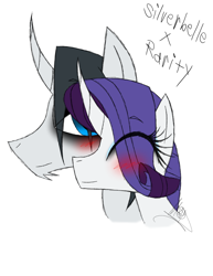 Size: 888x1150 | Tagged: safe, artist:didun850, character:rarity, oc, oc:silverbelle, species:pony, species:unicorn, bags under eyes, blushing, canon x oc, eye clipping through hair, eyes closed, female, male, mare, simple background, smiling, solo, stallion, white background