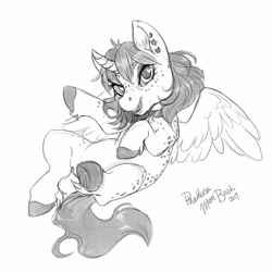 Size: 3500x3500 | Tagged: safe, artist:phathusa, oc, oc:moonbrush, species:alicorn, species:pony, alicorn oc, female, grayscale, hooves, horn, looking at you, monochrome, piercing, sketch, solo, wings